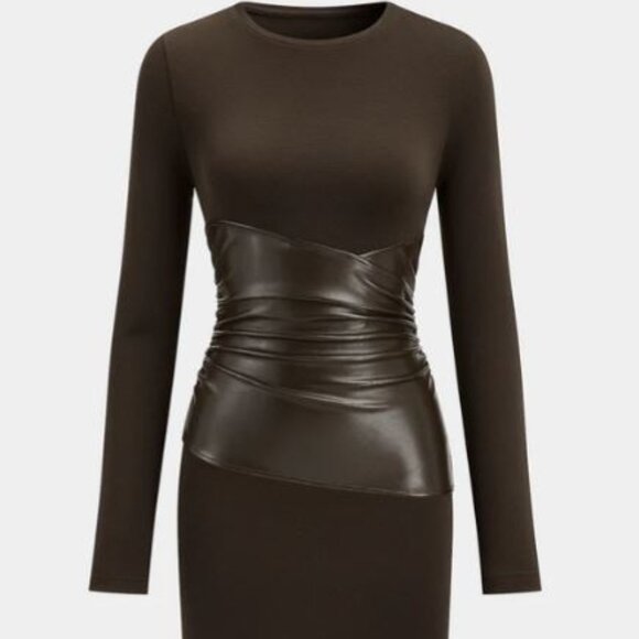 NWT Commense PU Leather Panel Long Sleeve Mini Dress Brown XS Bodycon - Picture 1 of 3
